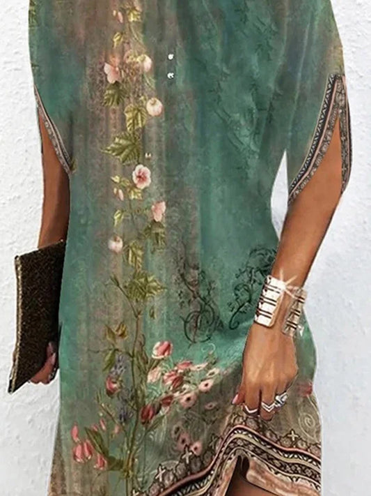 LB | Batwing sleeves Luźna mini sukienka z kwiatowym nadrukiem i okrągłym dekoltem