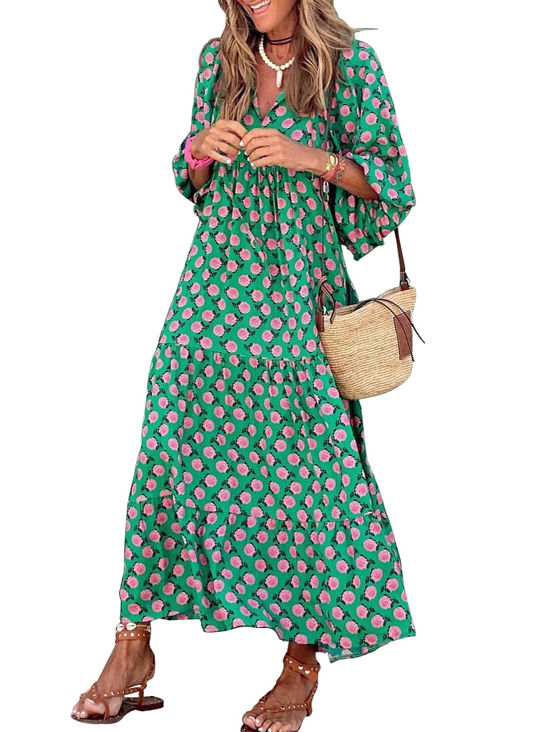 LB | WINONA ���� DAMSKA SUKIENKA MAXI Z BUFIASTYMI RĘKAWAMI W GEOMETRYCZNYM STYLU BOHO
