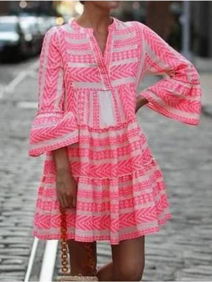 LB | Sukienka Swing Krótka Mini Sukienka Czarny Niebieski Różowy Zielony 3/4 Rękaw Geometryczny Nadruk Wiosna Lato V-Neck Boho Flare Mankiet Rękaw 2021 S M L XL XXL 3XL