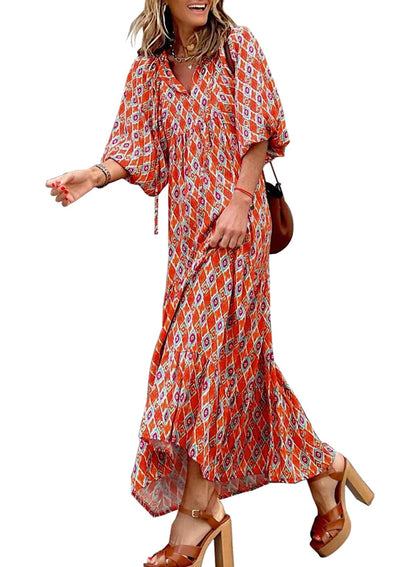 LB | WINONA ���� DAMSKA SUKIENKA MAXI Z BUFIASTYMI RĘKAWAMI W GEOMETRYCZNYM STYLU BOHO