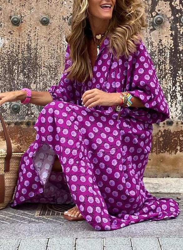 LB | WINONA ���� DAMSKA SUKIENKA MAXI Z BUFIASTYMI RĘKAWAMI W GEOMETRYCZNYM STYLU BOHO
