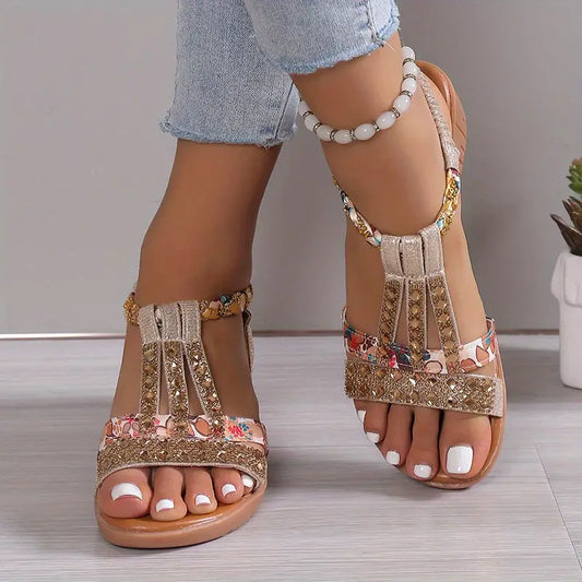 AS | Boho glam plecione sandały na koturnie w stylu glam rhinestone