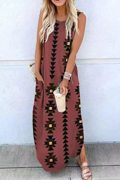 LB | Celina Geometric Hippie Print Dzianinowa sukienka maxi z kieszeniami Celina Geometric Hippie Print