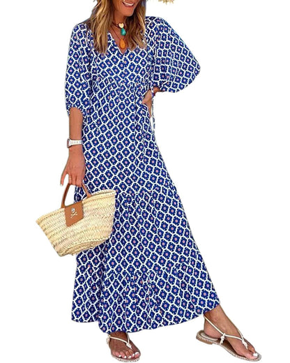 LB | WINONA ���� DAMSKA SUKIENKA MAXI Z BUFIASTYMI RĘKAWAMI W GEOMETRYCZNYM STYLU BOHO