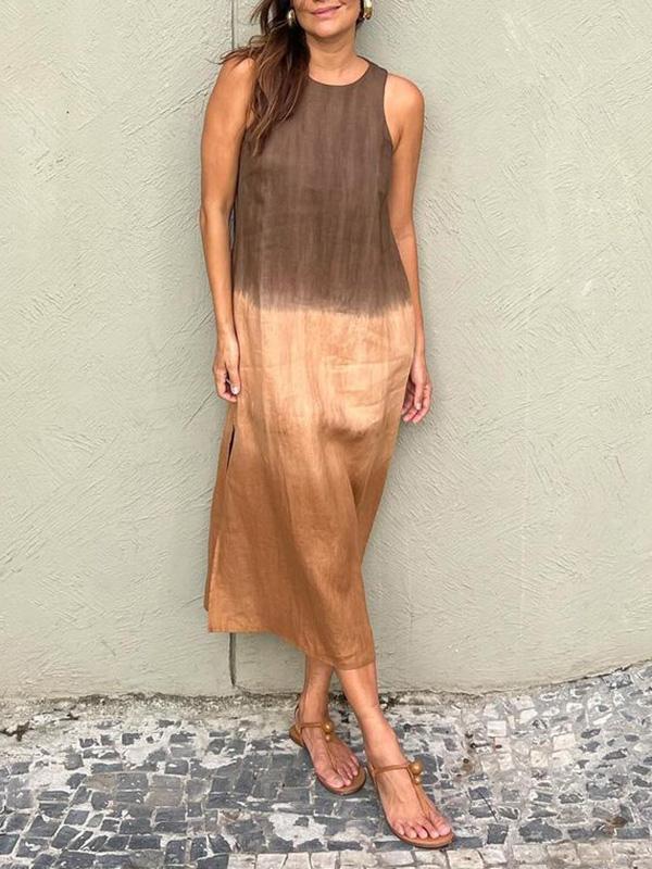 LB | Casualowa, bawełniana i lniana sukienka maxi bez rękawów z warstwowym rozcięciem w stylu batik dla kobiet