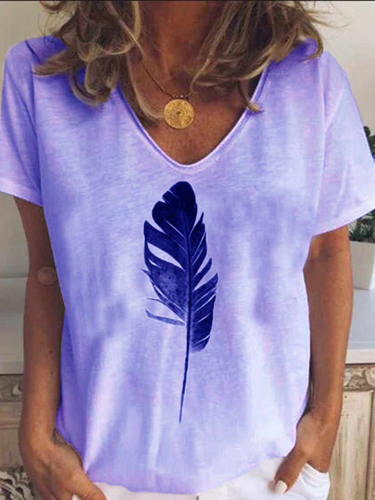 LB | Leaf Print Casual Loose V-Neck Koszulka z krótkim rękawem