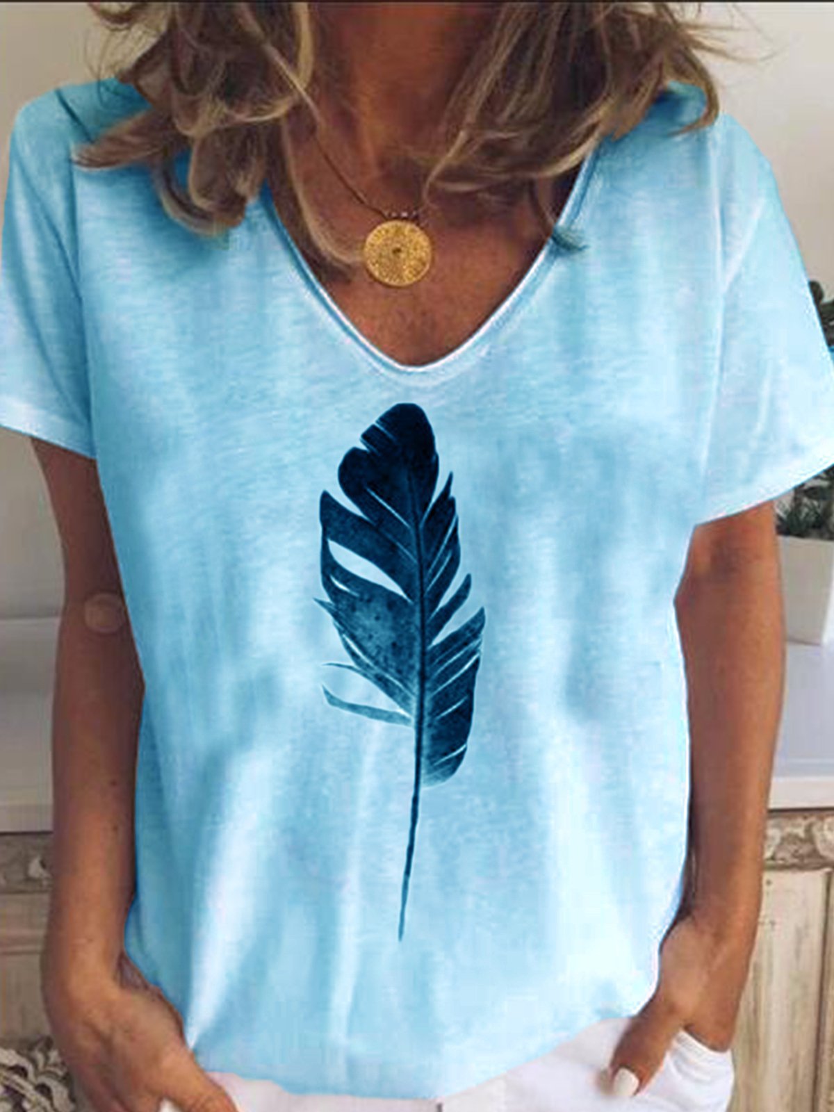 LB | Leaf Print Casual Loose V-Neck Koszulka z krótkim rękawem