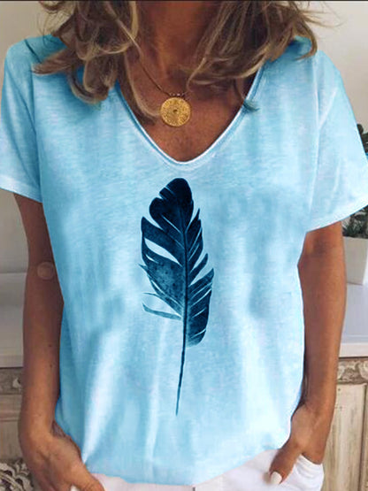 LB | Leaf Print Casual Loose V-Neck Koszulka z krótkim rękawem
