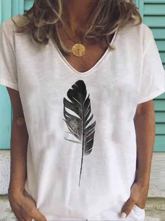 LB | Leaf Print Casual Loose V-Neck Koszulka z krótkim rękawem