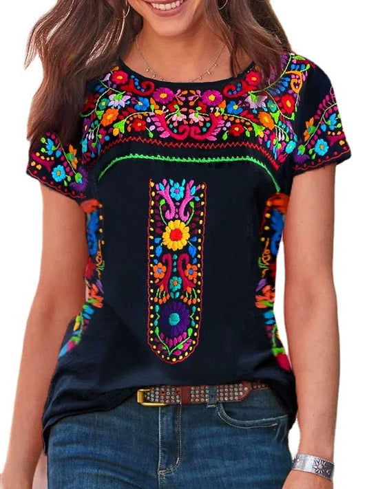 LB | Boho Print Okrągły dekolt Koszulka z krótkim rękawem Top