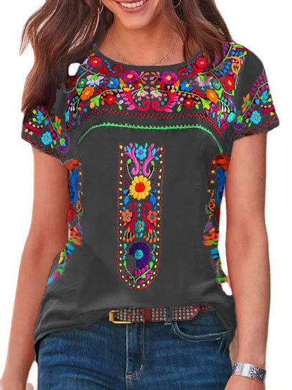 LB | Boho Print Okrągły dekolt Koszulka z krótkim rękawem Top