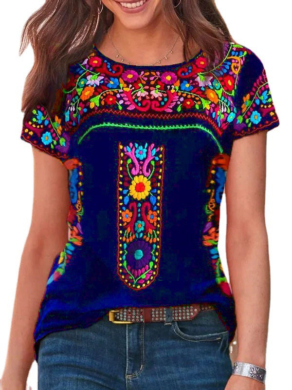 LB | Boho Print Okrągły dekolt Koszulka z krótkim rękawem Top
